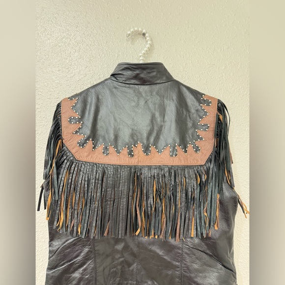 Diamond Supply Co Black and Brown Leather Jacket with Fringe western/ biker vest - Picture 5 of 8